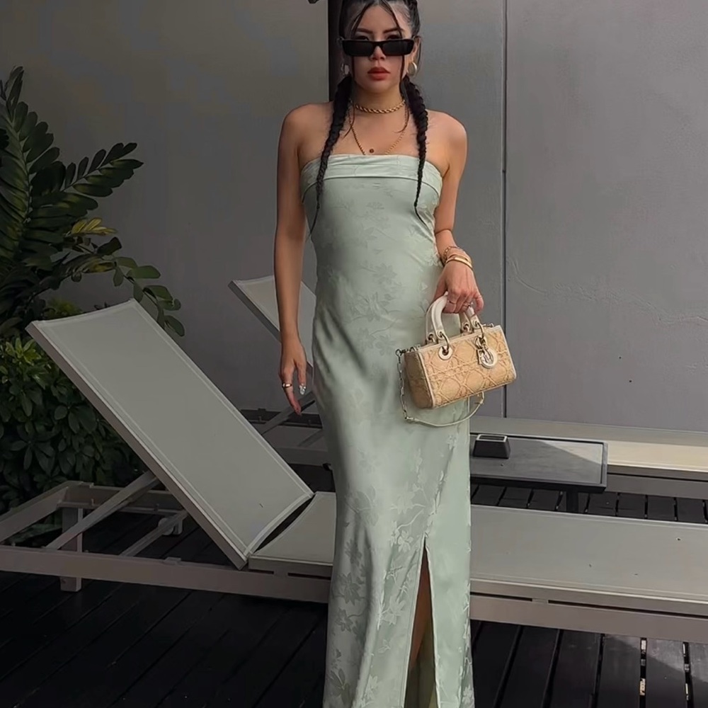 Fashion Nova Dixie Satin Floral Maxi strapless Dress sage green xs *blogger*